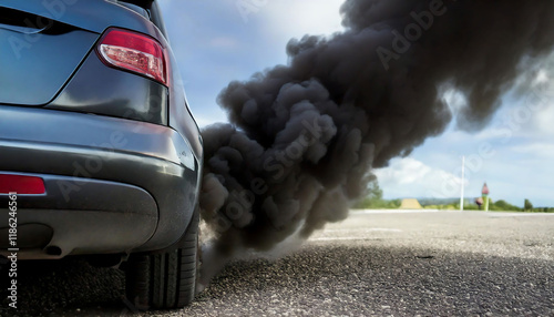 Dramatic image of a dark gray car emitting thick black exhaust fumes on a road.  Perfect for illustrating pollution, environmental issues, or automotive repair needs. photo