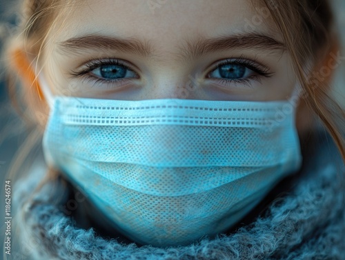 Young child with blue eyes wearing a protective mask outdoors during the pandemic, soft focus background featuring clear copyspace for messaging, warm tones. photo