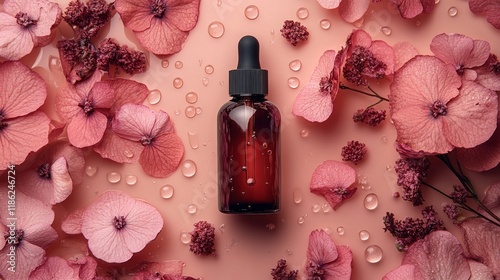 Elegant beauty serum bottle surrounded by soft pink flowers on a tranquil blu...