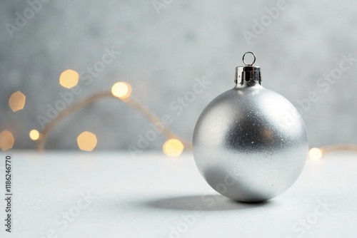 Simple metallic silver ornament on white surface, silver christmas ball, straightforward, simple photo