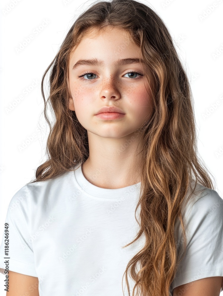 Emotional portrait of a pensive Caucasian schoolgirl with long wavy brown hair in a plain white t-shirt on a bright white background, capturing a sense of melancholy and introspection, with ample copy Emotional portrait of a pensive Caucasian schoolgirl with long wavy brown hair in a plain white t-shirt on a bright white background, capturing a sense of melancholy and introspection, with ample copy