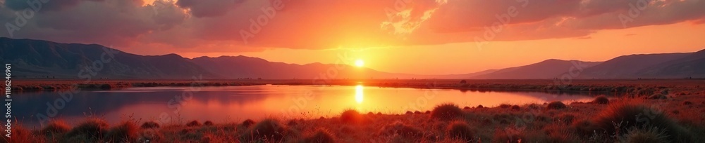 Sunset over a tranquil lake in a vast open plain, serene, warm, light Sunset over a tranquil lake in a vast open plain, serene, warm, light