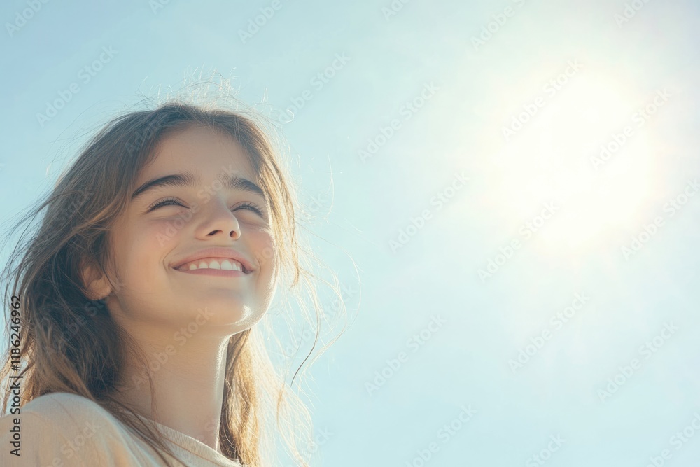 Young girl with a bright smile enjoying life under the summer sun against a clear blue sky with ample copy space for text in the top right corner. Young girl with a bright smile enjoying life under the summer sun against a clear blue sky with ample copy space for text in the top right corner.