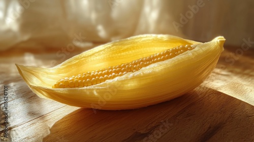 Freshly harvested corn resting on a wooden surface in natural light