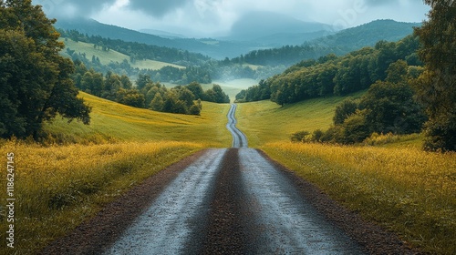 Serene gravel road lined with trees in a peaceful countryside landscape durin...
