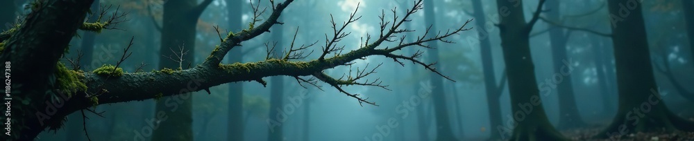 Fototapeta premium Abstract branch in a dark, misty forest environment, isolated, desolate