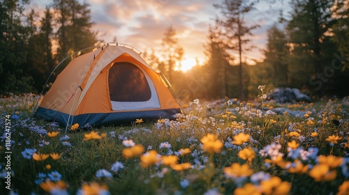 Camping in a beautiful meadow with a tent surrounded by wildflowers and mount...