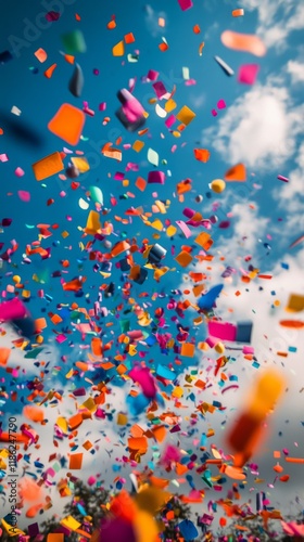 Colorful confetti celebration in vibrant atmosphere at outdoor event under cl...