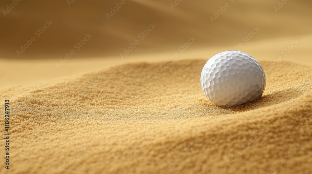 Successful young male golfer hitting golf ball from sandy trap on golf course with golden sand and clear blue sky for text overlay Successful young male golfer hitting golf ball from sandy trap on golf course with golden sand and clear blue sky for text overlay