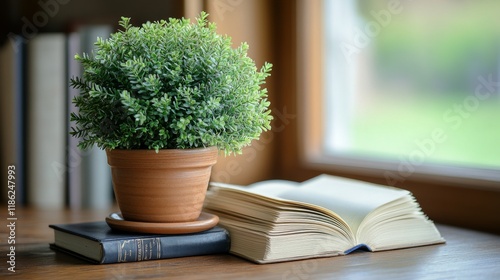 Cozy workspace with plants, notebook, and clock by a sunlit window in a tranq...