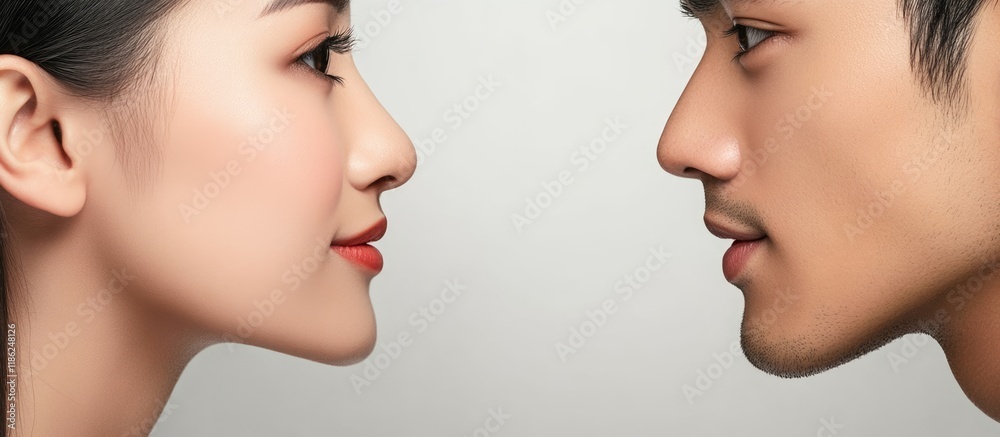 young Asian couple whispering intimately in close-up portrait showcasing soft skin tones and gentle expressions against a light gray background young Asian couple whispering intimately in close-up portrait showcasing soft skin tones and gentle expressions against a light gray background