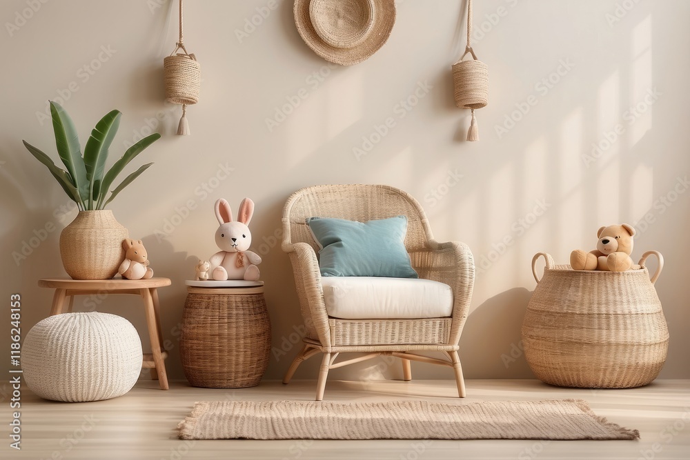 Obraz premium Cozy kids room interior, plush toys, pillow, braided armchair, rattan sideboard, Buttercream wall