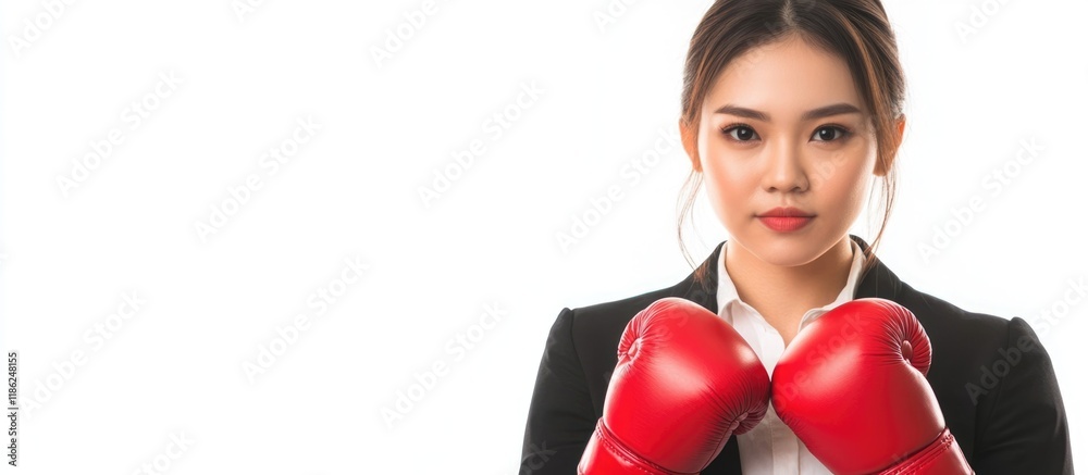 Confident young Asian businesswoman wearing formal attire and red boxing gloves, posing against a clean white background with ample copyspace for motivational text Confident young Asian businesswoman wearing formal attire and red boxing gloves, posing against a clean white background with ample copyspace for motivational text