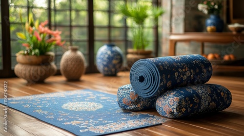 Yoga mats neatly arranged in a serene room with natural light and decorative ...