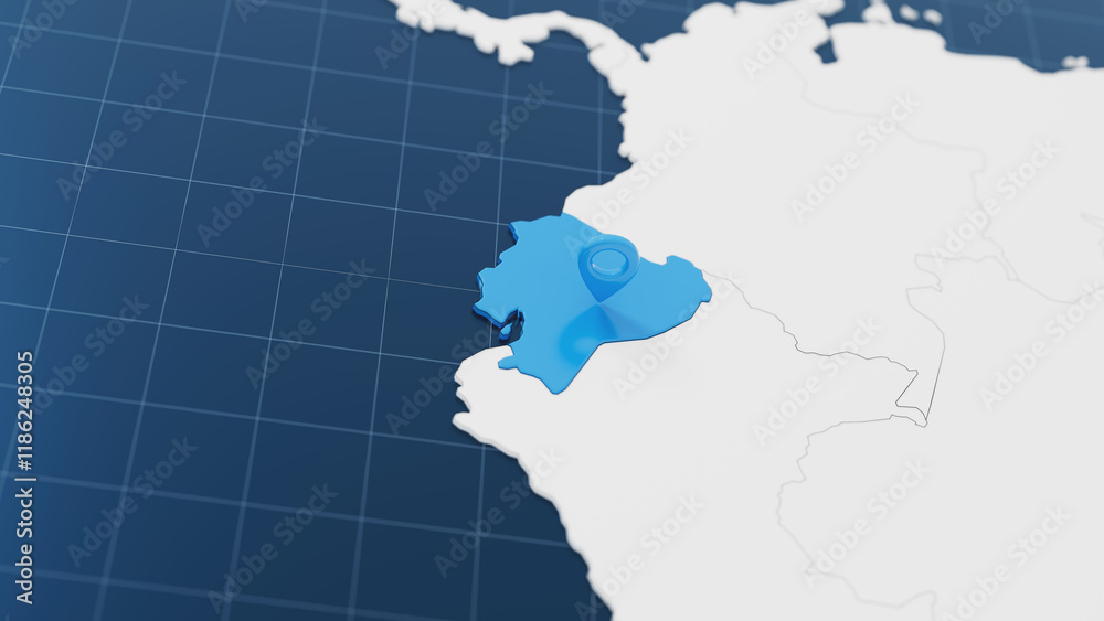 Fototapeta premium Blue Ecuador 3d map with pointer pin surrounded with other countries in white. Political map with borders. 3d render illustration