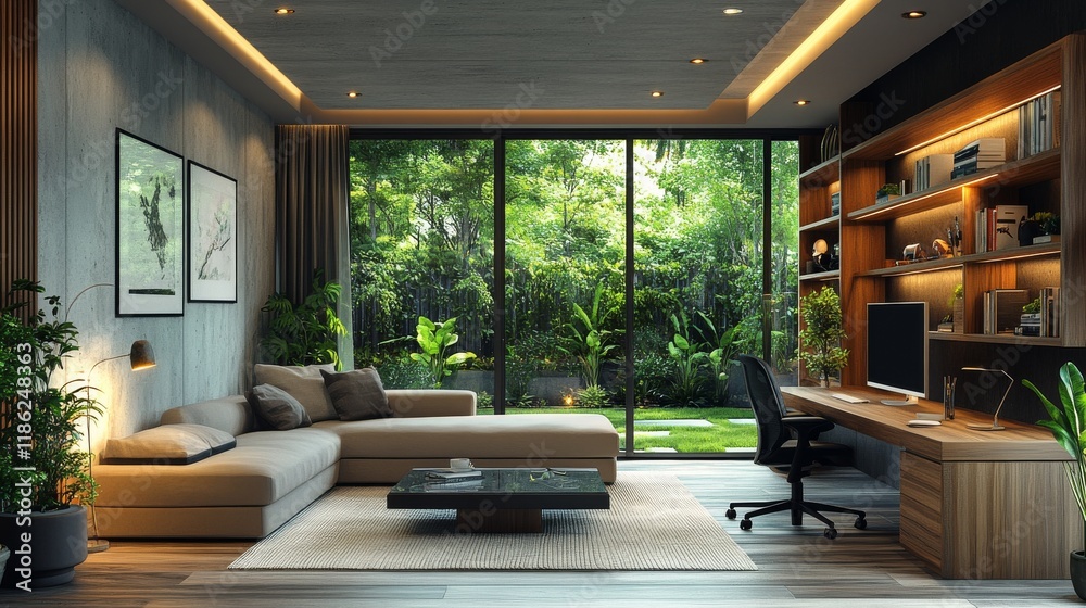 Naklejka premium Modern living room with expansive windows and natural greenery in a serene setting