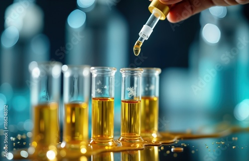 Laboratory scene shows liquid added to test tubes. Yellow liquid spills around. Innovative chemical additive formulated for household cleaning products. Modern tech lab equipment. Chemical synthesis photo