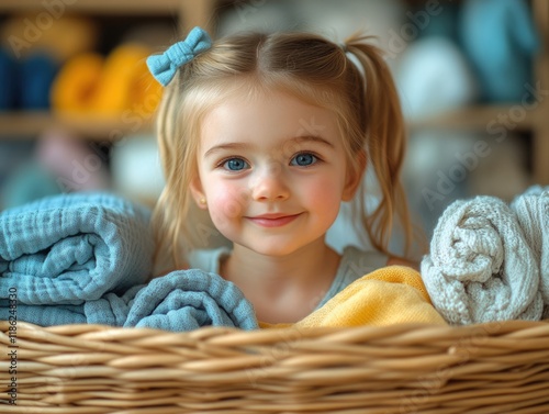 Smiling toddler girl with pigtails holding a large wicker basket filled with neatly folded colorful laundry in a bright, cozy room with soft textiles on shelves. photo