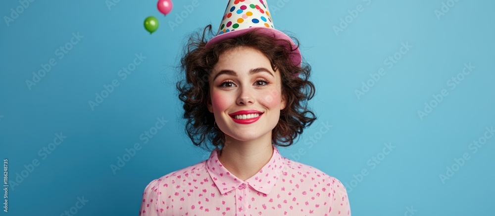 Funny woman wearing a colorful birthday hat and pink polka dot shirt against a vibrant blue background, exuding joy and celebration with ample empty copyspace for text. Funny woman wearing a colorful birthday hat and pink polka dot shirt against a vibrant blue background, exuding joy and celebration with ample empty copyspace for text.