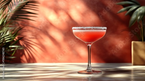 Elegant cocktail served in a glass on a table against a textured orange wall ...