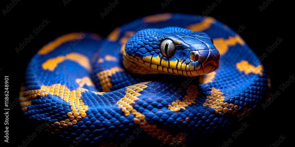 Blue snake coiled, dark background, reptile close-up Blue snake coiled, dark background, reptile close-up