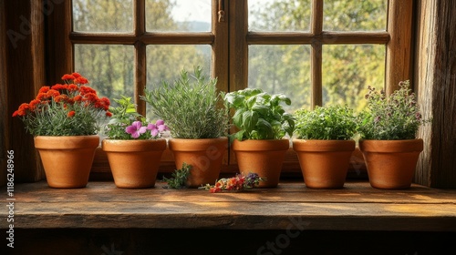 Herb pots arranged on a wooden windowsill with sunlight filtering through gre...
