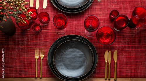 Elegant dining table setting with black plates and red glassware for festive ...