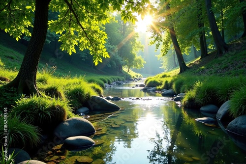 Fiume con una sponda rocciosa e alberi sporgenti, natura, sole