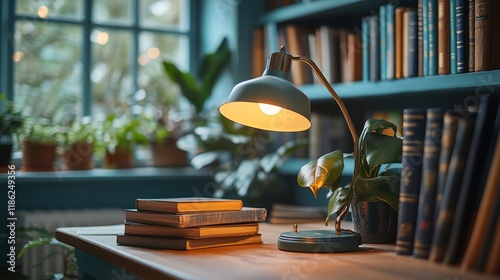 Cozy study corner with warm lighting and green plants in the evening