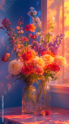 Colorful flower arrangement in vases with soft light and shadows creating a w...