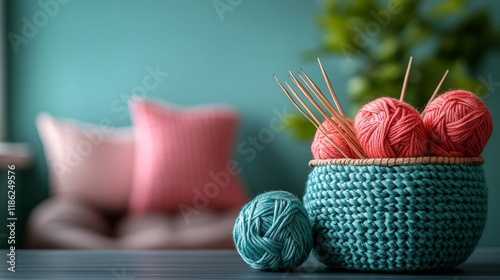 Cozy knitting setup with natural yarn and tools on wooden shelves in a light ...