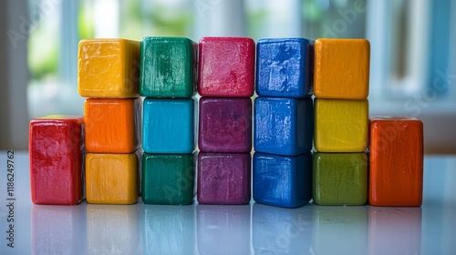Colorful building blocks arranged in a playful display for creative learning ...