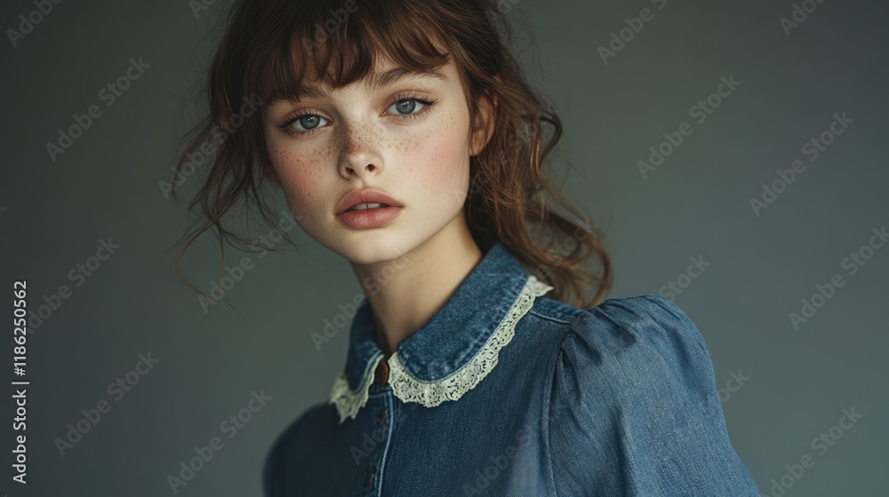 Young female model in denim dress with lace collar on neutral background, soft lighting, focused portrait, ample space for textual overlay, natural tones. Young female model in denim dress with lace collar on neutral background, soft lighting, focused portrait, ample space for textual overlay, natural tones.