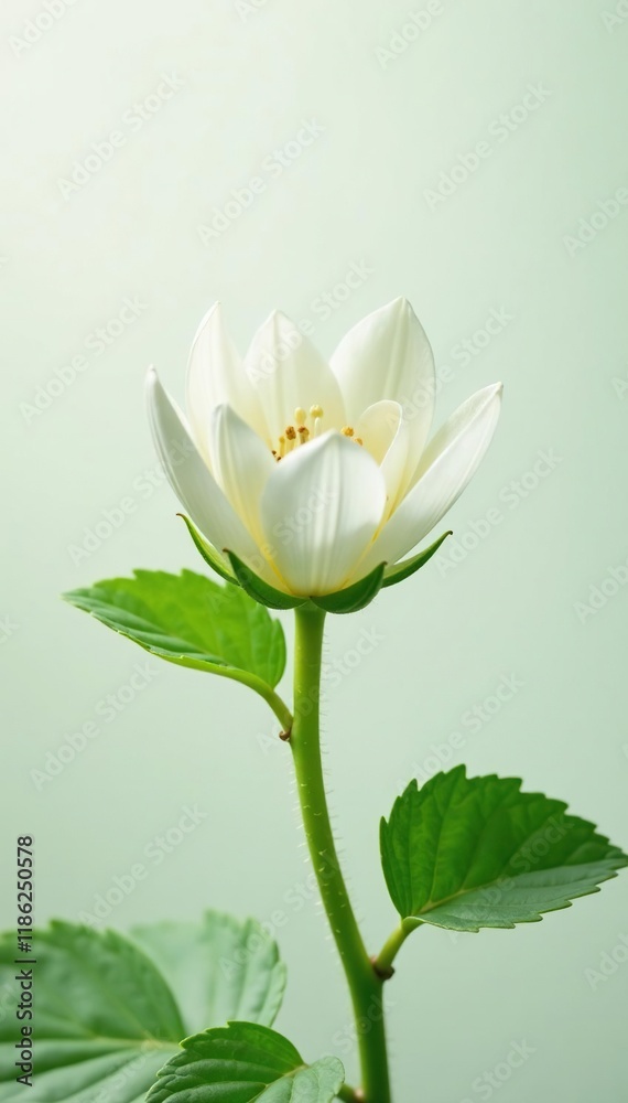 Delicate white petals unfolding from a green stem, plant, strawberry tree, white Delicate white petals unfolding from a green stem, plant, strawberry tree, white