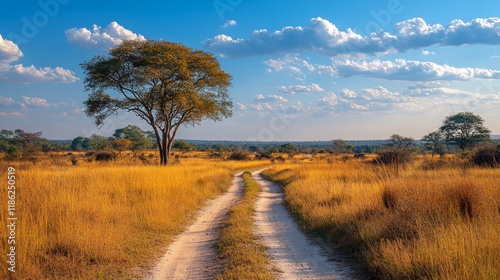 Majestic dirt road winding through golden grasslands under a blue sky