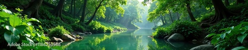Dense foliage surrounds a tranquil river bend, greenery, jungle, sunlight