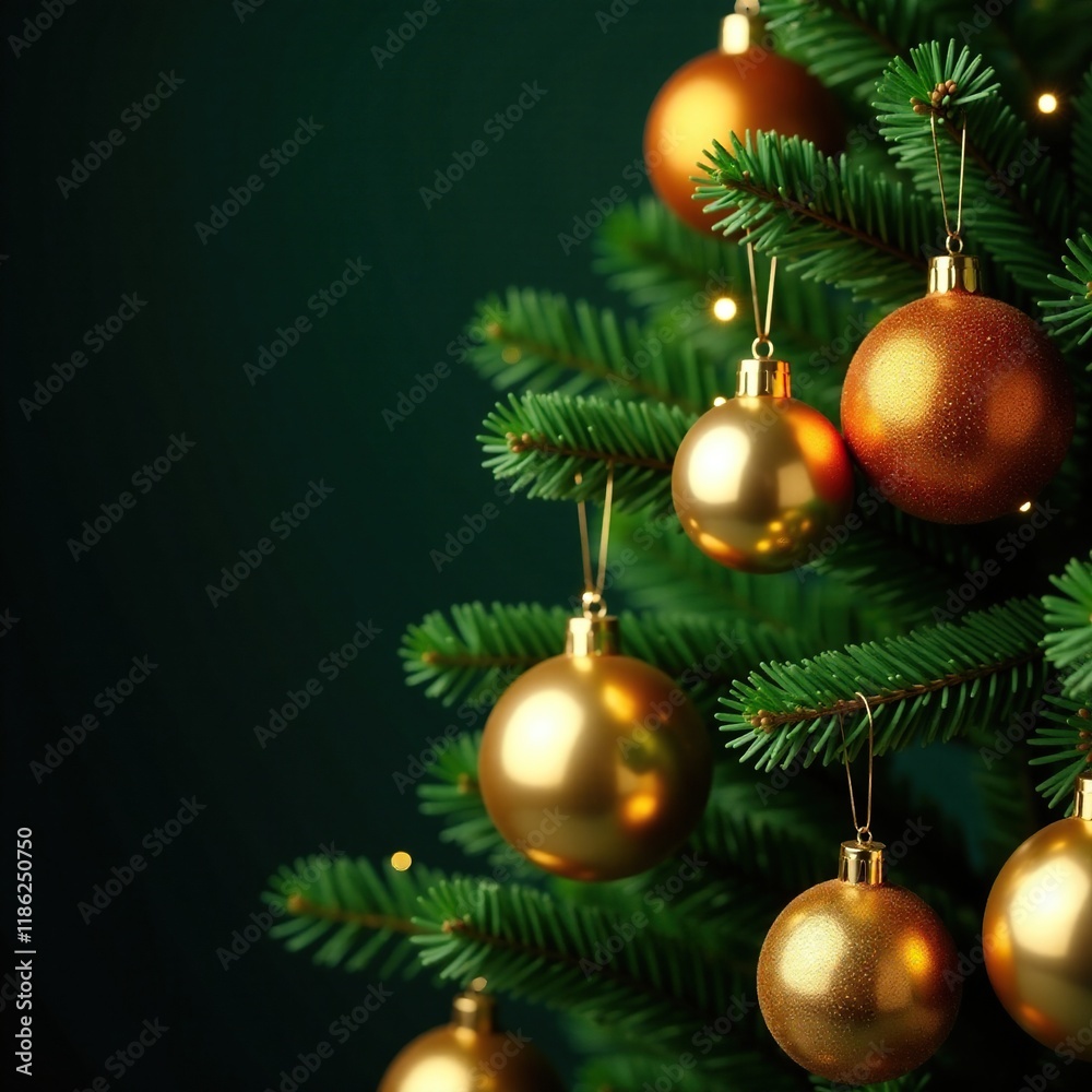Fototapeta premium Evergreen tree adorned with glittering gold ornaments, opulence, ornaments, holiday