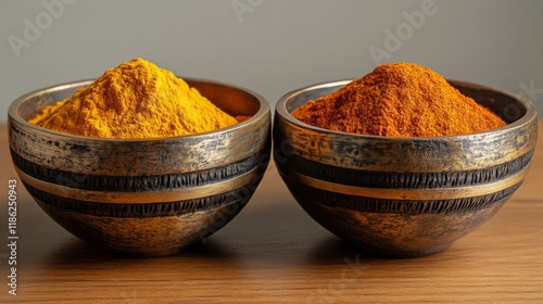 Colorful spices arranged in bowls displayed on a sunny kitchen countertop