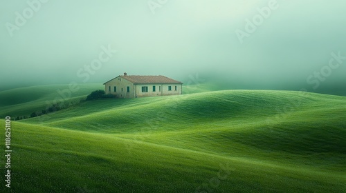 Vibrant orange house stands alone in misty green landscape during early morni...