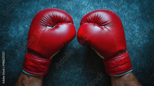Red boxing gloves positioned prominently above a textured dark blue background, capturing the essence of strength and athleticism in a dynamic sports fitness concept.