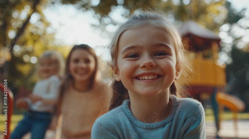 Joyful family portrait at vibrant playground with smiling girl in soft focus, warm sunlight, lush greenery, and ample blank space for text. Joyful family portrait at vibrant playground with smiling girl in soft focus, warm sunlight, lush greenery, and ample blank space for text.