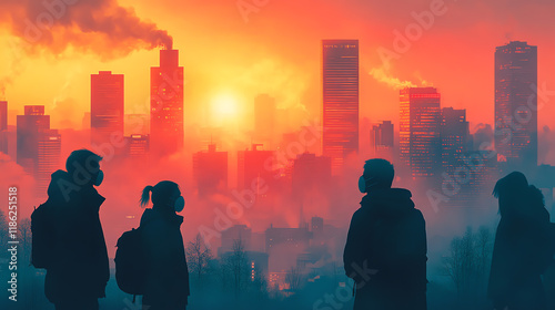 Smog covered cityscape at sunset with residents wearing masks, highlighting pollution