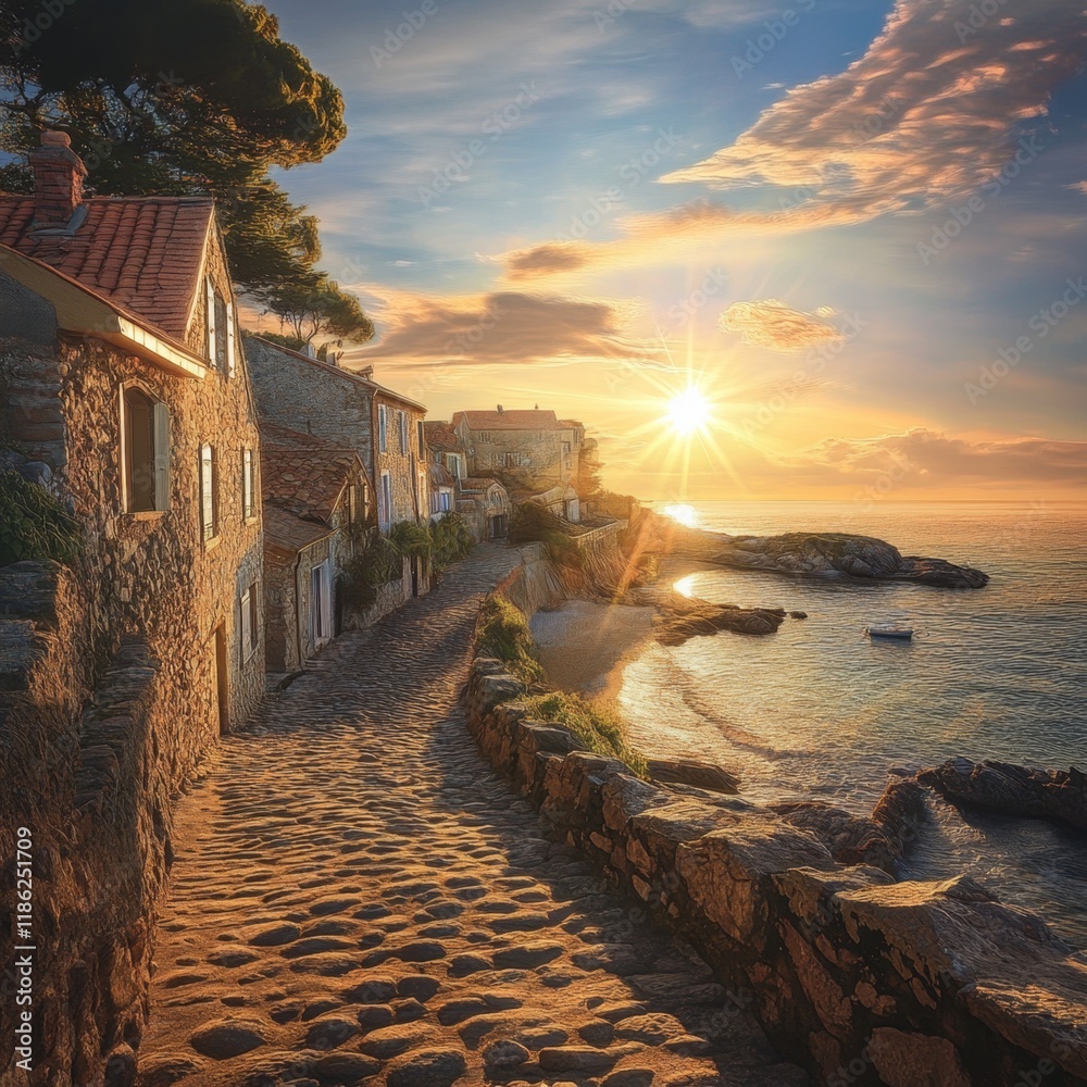 Coastal Village Sunset Stone Houses and Golden Hour Coastal Village Sunset Stone Houses and Golden Hour