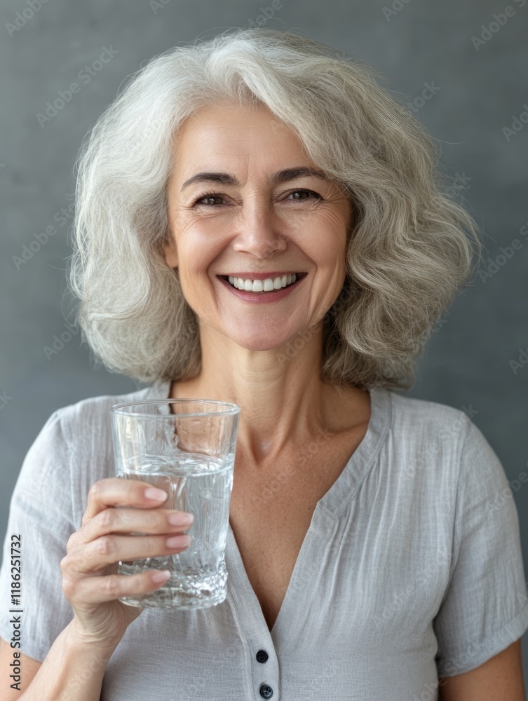 Smiling senior woman with gray hair holding a glass of fresh water against a soft gray backdrop during yoga session bright natural light camera portrait Smiling senior woman with gray hair holding a glass of fresh water against a soft gray backdrop during yoga session bright natural light camera portrait