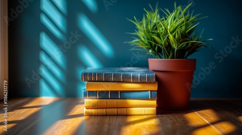 Colorful stacked books with a small plant on top against a teal background