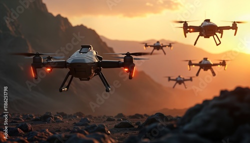 Swarm of combat drones fly over rocky terrain at sunset. Futuristic tech warfare scene. Aerial assault by unmanned aerial vehicles. Strategic military operation in action. Drones show advanced tech photo