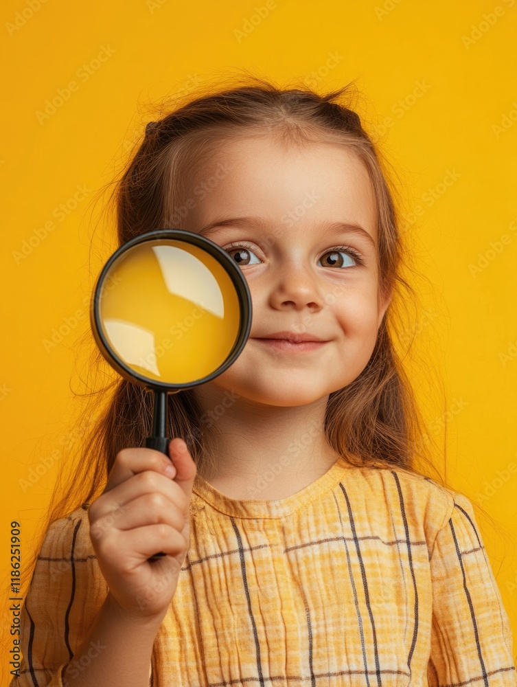 Smiling young girl examining with magnifier in hand against vibrant yellow background showcasing education and curiosity with ample copyspace for text