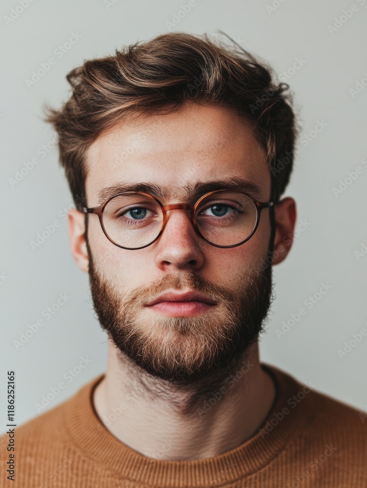 Serious Young Man with Glasses and Beard Against Soft Neutral Background Portrait with Ample Copy Space for Text, Interior Studio Lighting Serious Young Man with Glasses and Beard Against Soft Neutral Background Portrait with Ample Copy Space for Text, Interior Studio Lighting