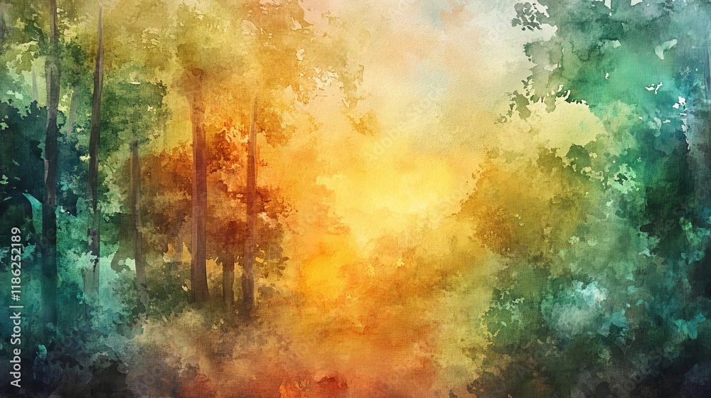 Fototapeta premium Digital watercolor painting of a lush forest landscape
