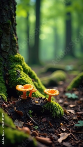 Forest floor with dark tree stumps and decaying branches, earthy colors, fungi photo